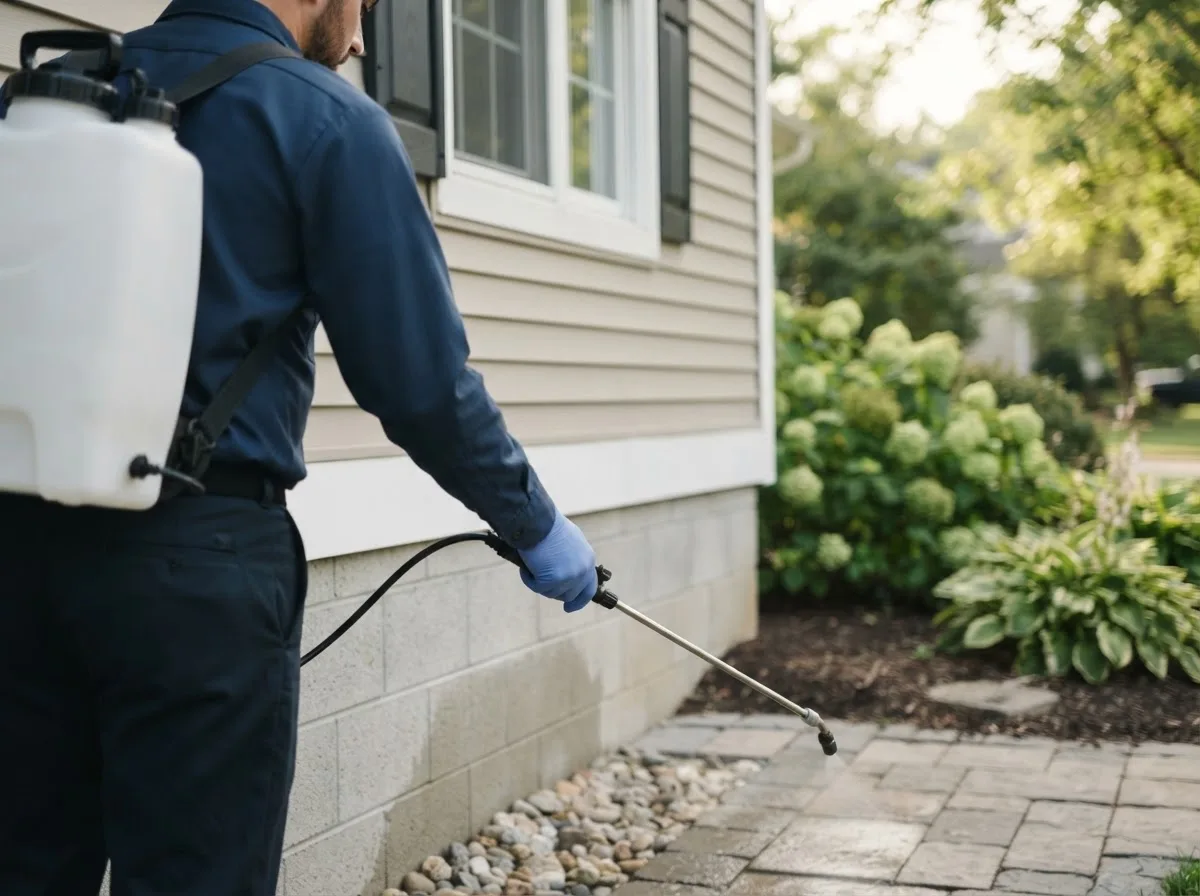 Pest control technician inspecting a home in Packwaukee, WI